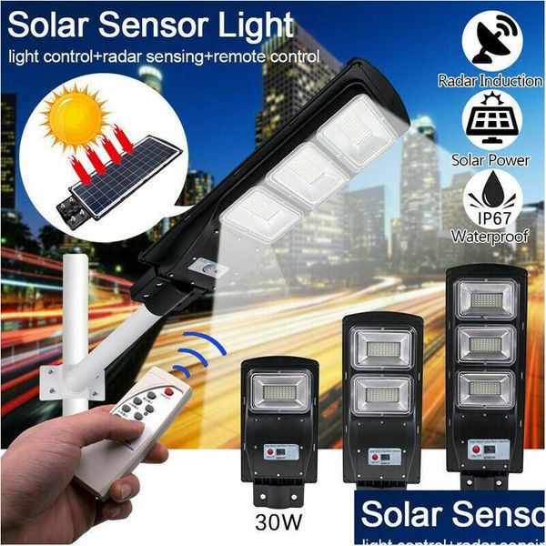 Solar Street Light 30W 60W 90W 120W Lâmpada Sensor de movimento do radar de radar IP67 Paisagem de parede de parede Rota do jardim com pólo Deliver dhwcz