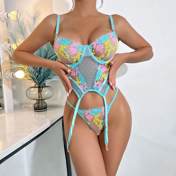 Bras define mulheres sexy sensual lingerie roupas íntimas eróticas de renda erótica Floral Bordado transparente sutiã de malha e breve conjunto de figurinos exóticos