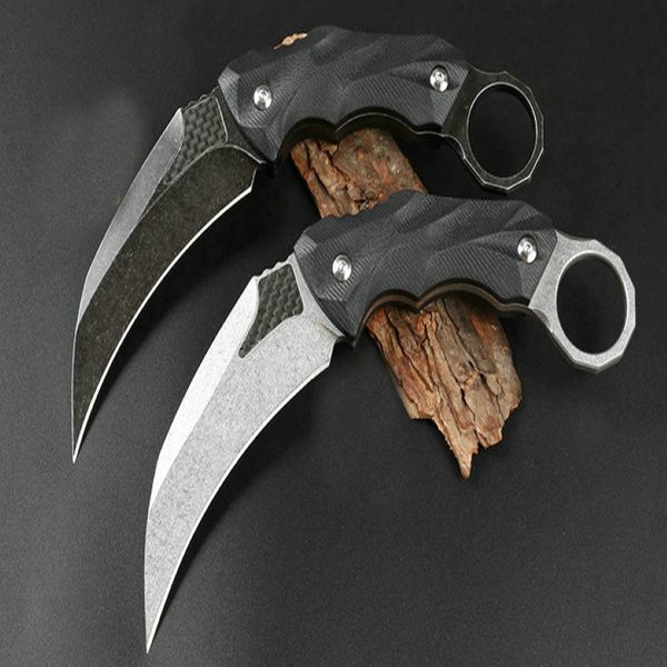 Na venda de alta qualidade Karambit lnife d2 lâmina de lavagem de pedra full tang preto g10 alça de garra de garra tática ao ar livre com kydex 2932