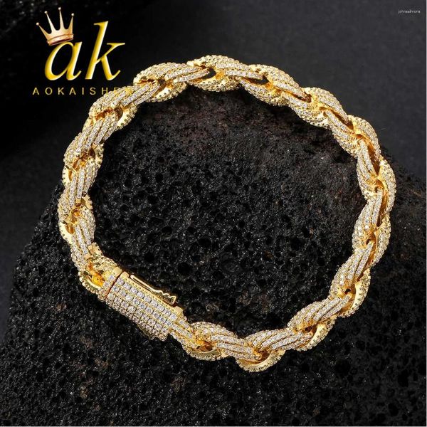 Pulseiras de link aokaishen 8mm Cadeia de corda Mulheres pulseira de ouro real banhado a ouro jóias de rua de rock gelo itens de encantos 2024 chegadas