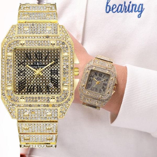 Relógios de pulso Gold Watch Men Famous Top Macho Quartz Relógios quadrados Diamond Calendar Wristwatch Mens Relógio Relógio Masculino 2480