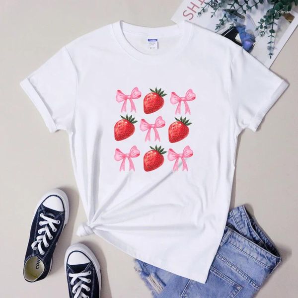 Frauen T-Shirts Schöne Erdbeer-Bogen-T-Shirt süße Obst Coquette Ribbon süßes T-Shirt ästhetische y2k Baby Mädchen Kleidung T-Shirt