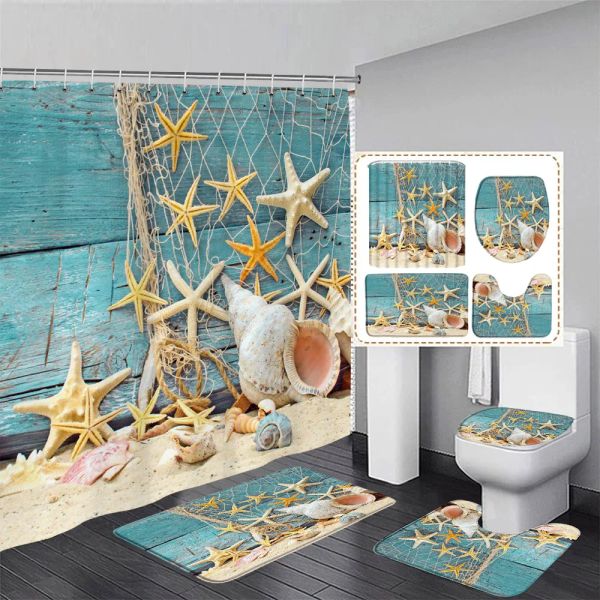 Curtains Starfish Starfish Beach Curtain Set Setting Wooden Plank Conch Mediterrâneo Decoração do banheiro do banheiro Tapete de banheiro Tapa de tampa do banheiro Tampa da tampa