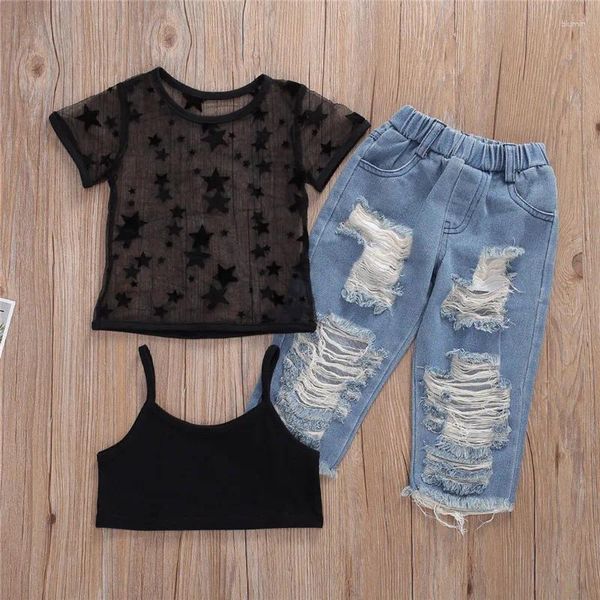 Roupas Conjuntos de 2-7 anos Girls 3pcs Roupa Mesh Mesh Slave Stars T-shirt Tops Role