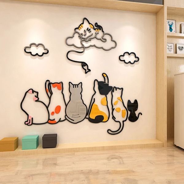 Adesivos boneca gato acrílico acrílico 3d adesivo de parede infantil janela berçário janela porta de vidro adesivo de parede de parede quarto decoração de telhado na sala de estar