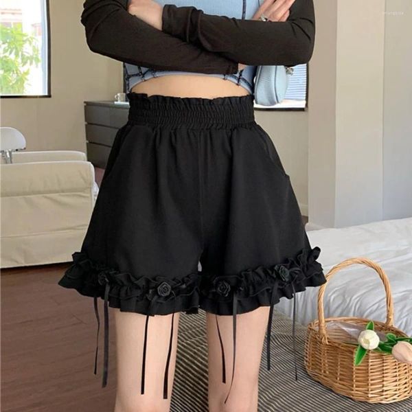 Shorts Shorts Summer Ruffles Black for Women 2024 Elastic High Wel Chic Short Pants Female Casual Student Pantalones Cortos