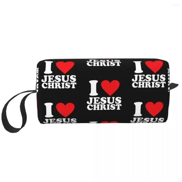 Bolsas de armazenamento Custom Eu amo Jesus Christ Saco de higieness for Women Christmas Catholic Cosmetic Organizer Lady Beauty Dopp Kit Case