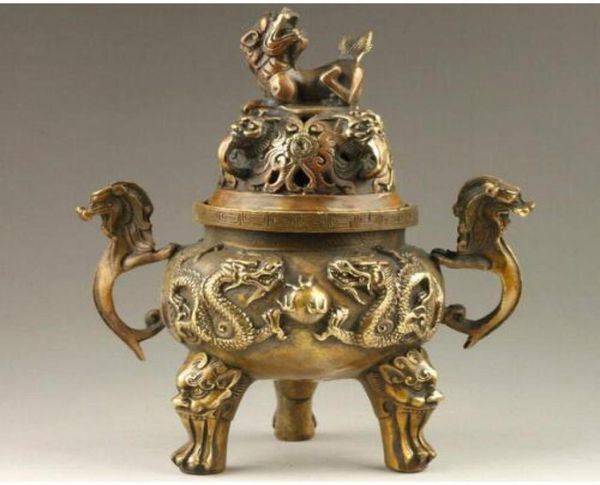 Çin eski el yapımı ejderha heykelleri aslan kapak bronz tütsü brülör1291561