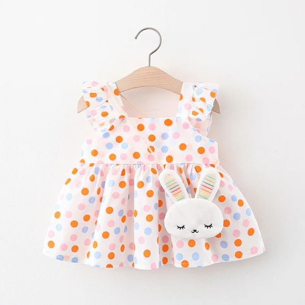 Kleider 2/Stück Set von Sommermädchen Kleidertasche Baby Square Hals Bunt Tupfen kleiner fliegender Ärmelkleid Kaninchenbeutel