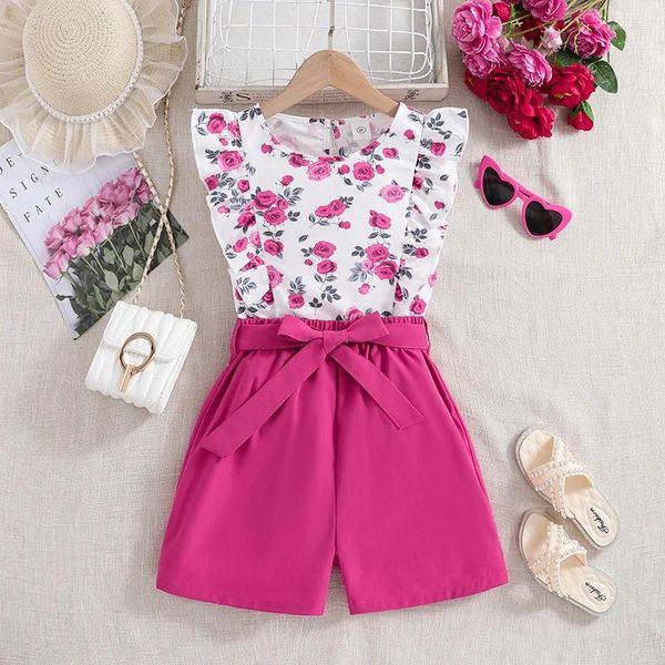 Kleidung setzt Kinder Kleidung Sommeranzüge Rosenblumen-Top und Gitterschläde Shorts Modetrend Outfits für 8-12 Jahre Kinder Mädchen Mädchen