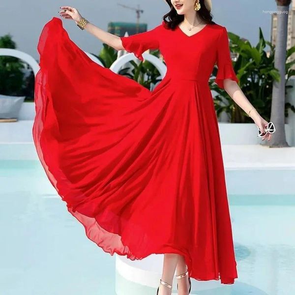Partykleider Sommer Mode Korean einfache elegante mittlere Länge Chiffon Kleid Solid V-Ausschnitt Taille Reißverschluss Patchwork Schmetterlingshülle