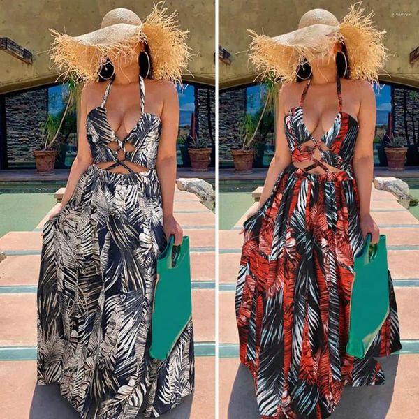 Повседневные платья Женщины Макси платье Потрясающее отпечаток листьев для пляжа без спины без спинки с плишкой A-Line A