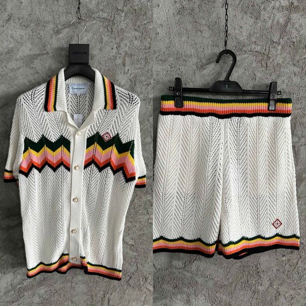Designer maschile maglieria set da polo set unisex 11 camicia Casablanca Shirt Pearl Botton Wavy Switch Out Men Casual Short Short Knitwear Set di maglieria di alta qualità
