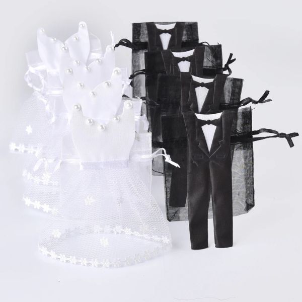 Kleider 50 Stück Organza Kordelkordel Candy Bag 25* Tuxedo 25* Kleiderbraut Bräutigam Hochzeit Gefälligkeiten Party Geschenktüte WB06