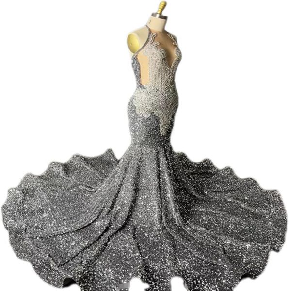 Sparkly Silver Mermaid Prom Kleider 2024 Halfter Diamant Kristall Abendkleid Schwarze Frauen Glanz formelles Kleid ASO EBI Geburtstagsfeier Kleider Robe Mariage Chic Chic