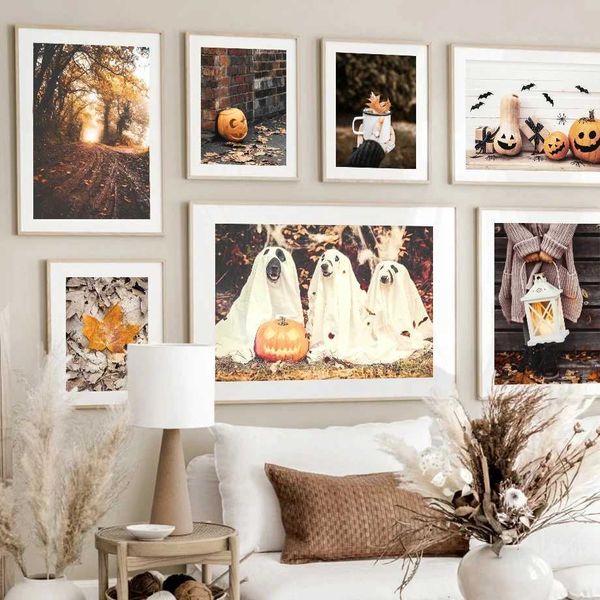 Papéis de parede Halloween Pumpkin Autumn Forest Maple Folhe Wall Art Arte Canvas Nórdicas Posters e Impressões de Decoração da Sala de Livro J240505