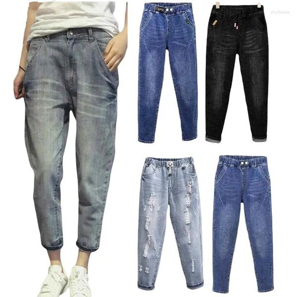 Kadın kot pantolon elastik yüksek bel gevşek harem pantolon kadın denim xl -6xl elastikiyet vücut ağırlığı için bavy 60kg -120kg