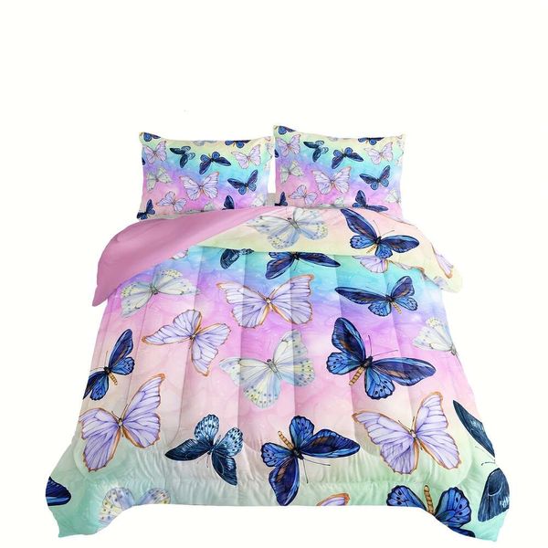 Tampa de edredão 3pcs Modern Fashion Polyester Conjunto (1*Consolador + 2*fronha, sem núcleo), aquarela de tie-the-dye estética Butterfly Print Bedding Set, macia confortável e