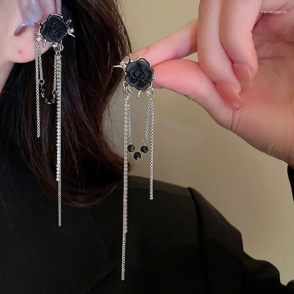 Brincos de aro Korean Earings Jewelr Retro Black Rhinestone Rose Long Tassel para mulheres Pendientes por atacado