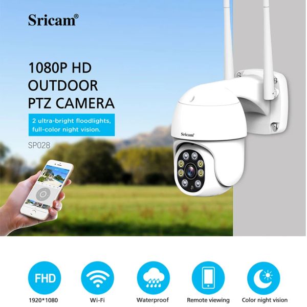 Sistema SRICAM SP028 1080P Starlight Wi -Fi IP Câmera colorida Night Vision IP66 Imper impermeável ao ar livre PTZ Câmera Ai Detecção de Corpo Humano