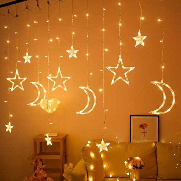 Star Moon LED Curtain Garland String Light Eid Mubarak Ramadan Decorações para casa Islã Muslim Event Party Supplies Decor 240506