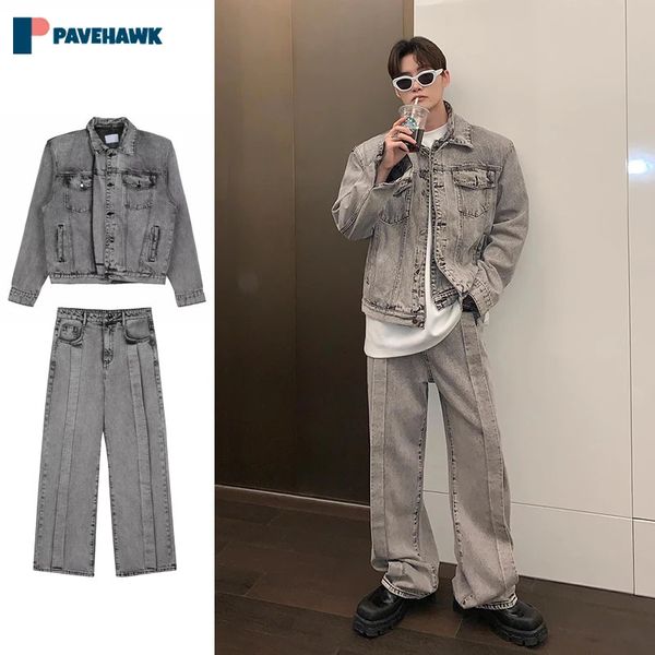 Man Hip-Hop de duas peças definido Spring High Street Wash Fake Duas peças Jackets JacketsBaggy Jeans de perna larga conjuntos de outono masculino traje 240429