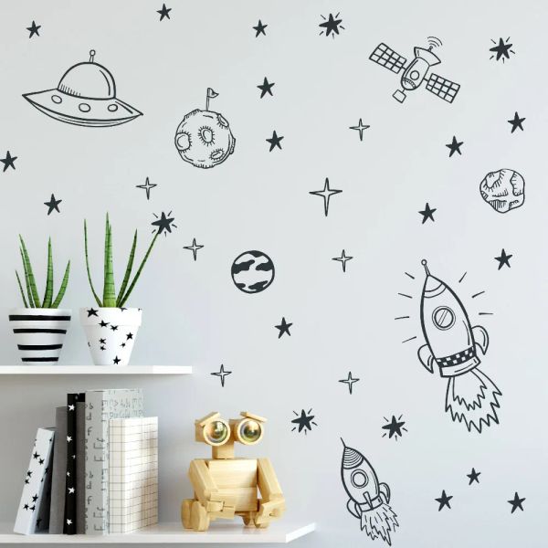 Adesivos decalques de parede espacial para menino quarto externo berçário adesivo de parede decoração de foguete astronauta vinil decalque decoração decoração crianças n91