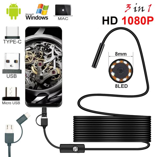 Webcams Neue 8,0 mm Endoskopkamera 1080p HD USB -Endoskop mit 8 LED 1/2/5m -Kabel -Kabel -Wasserdichte Inspektionsboorscope für Android -PC