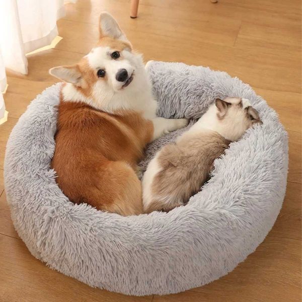 Camas de gato móveis de cachorro redonda cama de gato cama de estimação super macia longa e luxuosa inverno quente casa de cachorro fofo cofre cesto de cesto de cesto de cães suprimentos