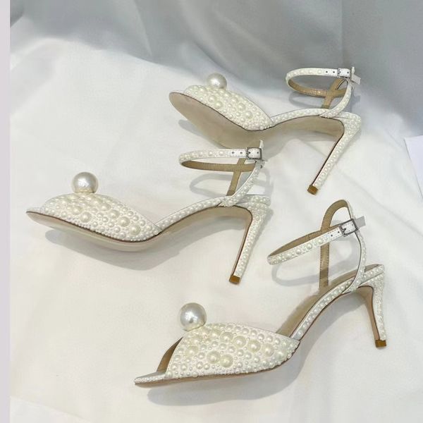 Sapatos de casamento brancos elegantes de pérolas brancas mulheres sapatos de rystal estiletto pontudo