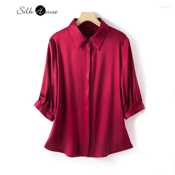 Camicette da donna 93%top satinato di seta di gelso naturale con camicia a maniche a tre quarti di vino solido flip rossa collare elegante e bello