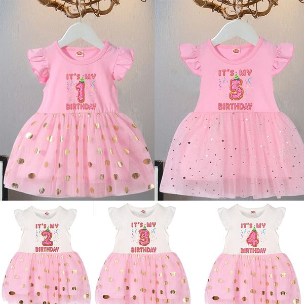 Birthday Baby Baby Girls Dress Rosa Kids Kids Princess Tutu Dresses Infant 1st 2 anni Outfit Outdler Short Short Gold Dots Star 240428