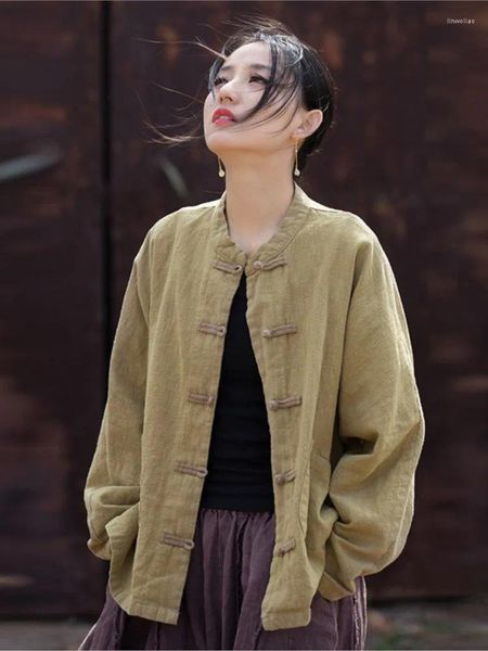 Damenjacken Retro chinesischer Stil lässige Baumwolle und Wäsche 2024 Sommerständer mit langärmeligen All-Match-Tops Mantel