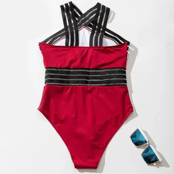 Menas de banho feminina Crossover decote de decote de banho removível Memas de mama elegante Splicing Monokini com alto para o verão