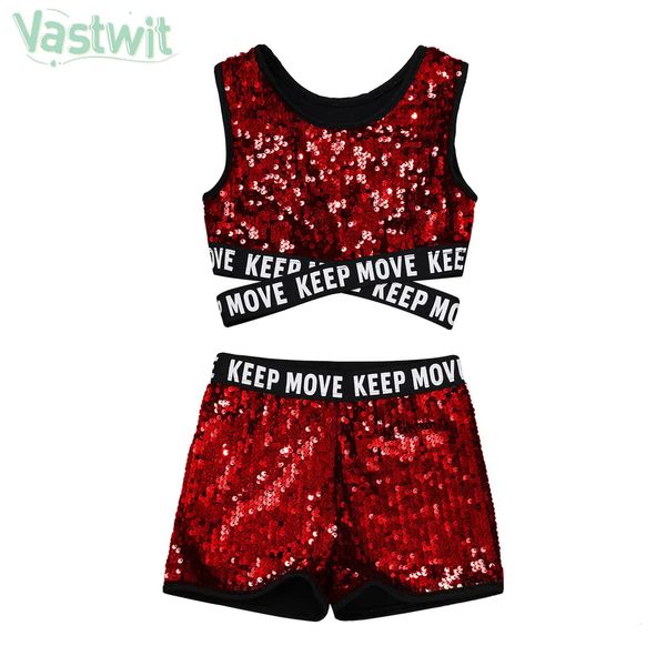 Girls Summer Summer Shiny Lanten Donoff Set Setting Letter Print Crop Top com shorts Jazz performance Dancewear Sportswear 240426