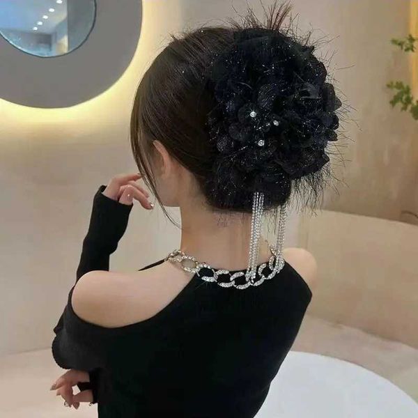 Altre peli di piume Nuovo Black Black Black Big Women Women Elegant Rinestone Nappe della coda di cavallo Crab Crab Cls Accessori per capelli