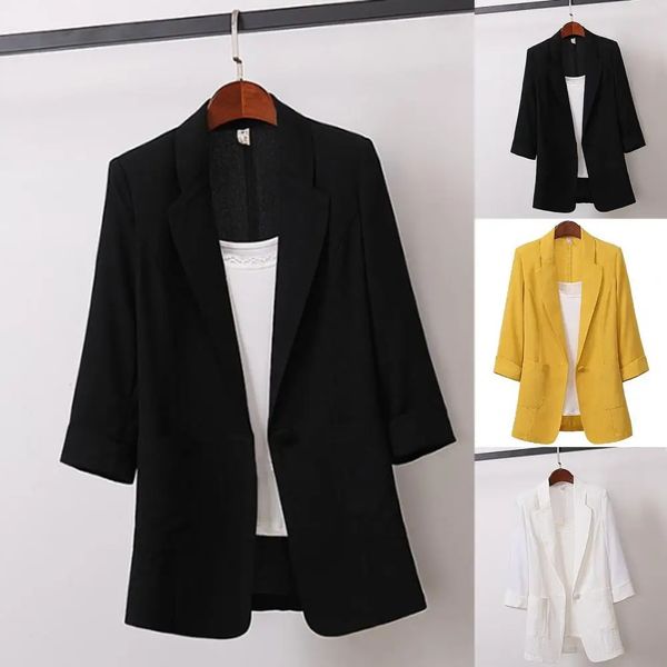 Костюм Blazer Basic Cotton Linen Three Cheting Single Button Женская куртка летняя корейская мода повседневная короткая куртка 240430