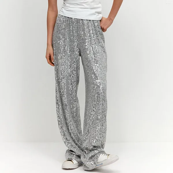 Pantaloni da donna abbigliamento con paillettes solido lucido in alto gamba larga svasata per pantalone lunghe pantaloni da esterno hip hop women