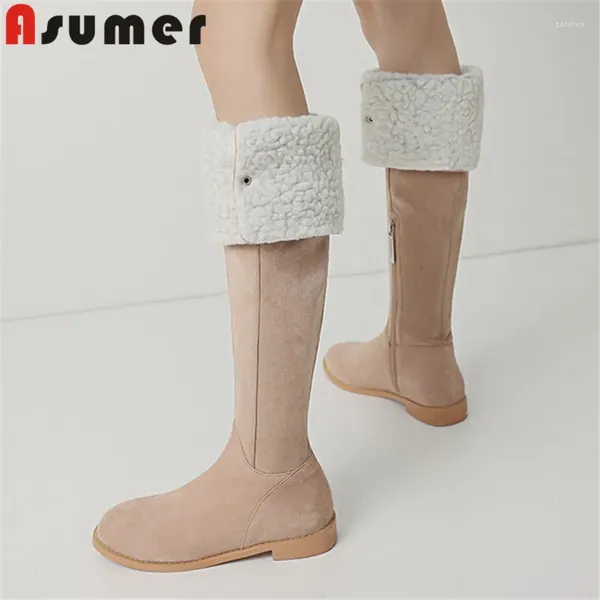 Stiefel Asumer 2024 Kinder Wildleder Zipper Winter Frau Damen Plattform über den Kniequadrat -Low -Heels -Schuhen