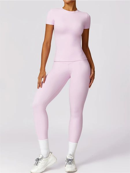 Set di yoga senza soluzione di continuità da donna a manica corta rosa con leggings in vita alta vestiti da allenamento a due pezzi Sports fitness palestra set 240425