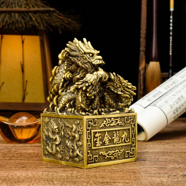 Skulpturen Golden Dragon Statue Kaiser neun Drachen Jade Seal Sculpture Messing Chinesische Dragon Seal Home Dekoration Drachen Biest Handwerk