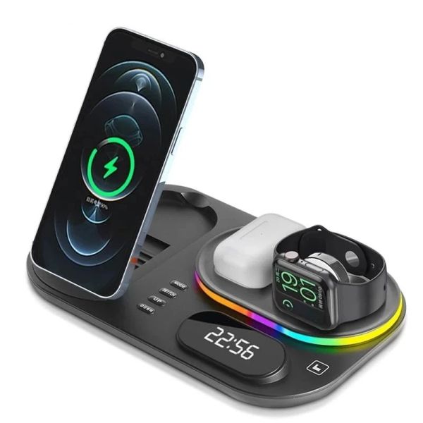 Зарядные устройства Chargers Беспроводные устройства 4 в 1 для iPhone 12 13 14 15 Pro Max 30 Вт быстро беспроводная зарядка для Apple Watch с лампами и часами