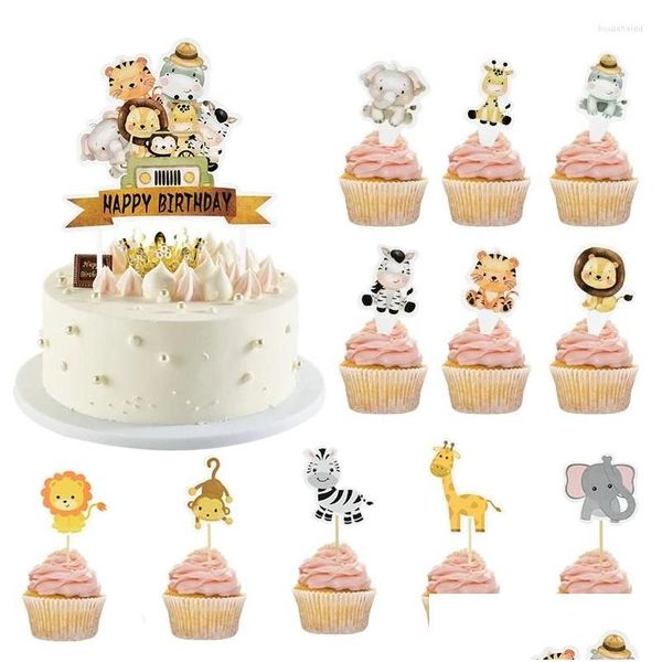 Strumenti per torta Cartoon Animals Topper Jungle Safari Giraffe Tiger Monkey Elefante Cupcake Happy Birthday Festa per baby Shower Forniture Dhjtw Dhjtw