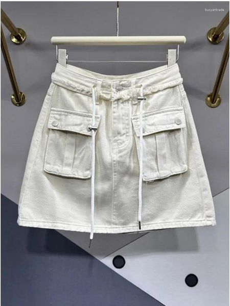 Röcke Kordelstring Verstellbarer Taille Denim Rock Frauen im Sommer gepolstert Stoff Großtasche A-Line All-Match Slimming Hip