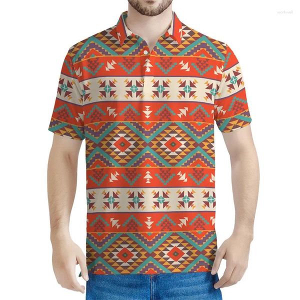 Polos masculinos antigos 3D Impresso camisetas de pólo geométrico Men Retro Etnic Patterns T-shirts Button Sleeves Short Lapela de camiseta solta camiseta