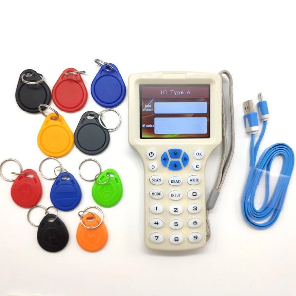 Card English RFID NFC Copier Reader Writer Copy Copy 10 частотный программист + 5pcs 125 кГц EM4305 Keyfobs + 5pcs 13,56 МГц uid