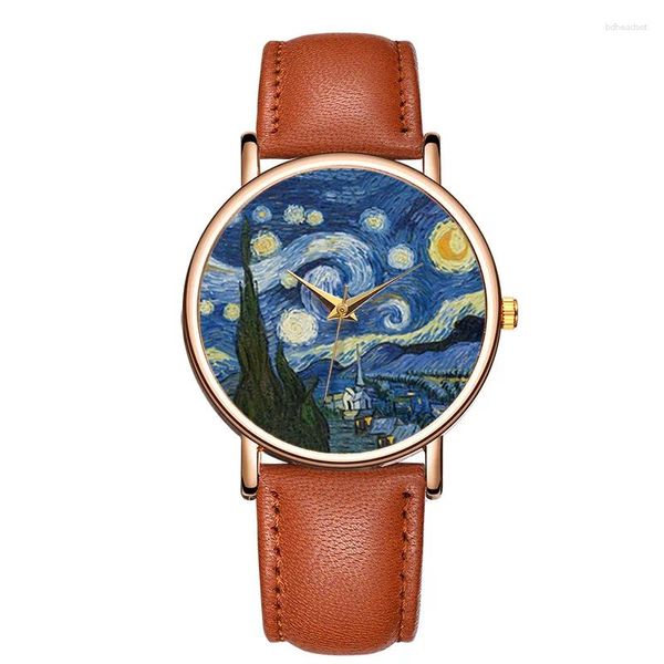 Relógios de Principais Relógios 2024 Moda Pintura a óleo Dial Quartz Para cinto de couro Casual Ladies Wristwatch Relógio