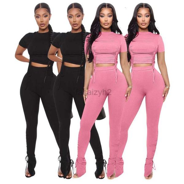 Zweiteilige Hosen der Frauen Frauen 24 Frühling/Sommer neuer runder Nacken kurzärärmische Schraube Pull Fleuled Tell Casual Set Plus Size Sexy Sets