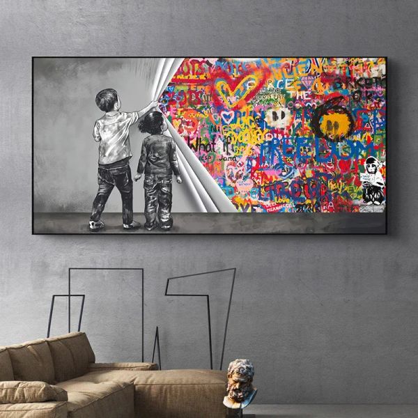 Banco de arte da parede minimalista nórdica graffiti engraçado Two Kids HD HD Poster Print Bedroom Sala de estar Home Decoração Presentes