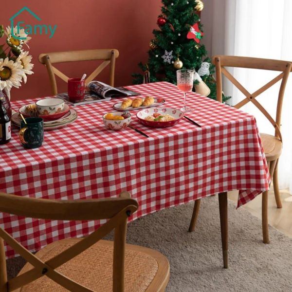 Pads Christmas Decorative Tablecloth Red White Plaid Современная столовая ткань с новым годом хлопковое льня